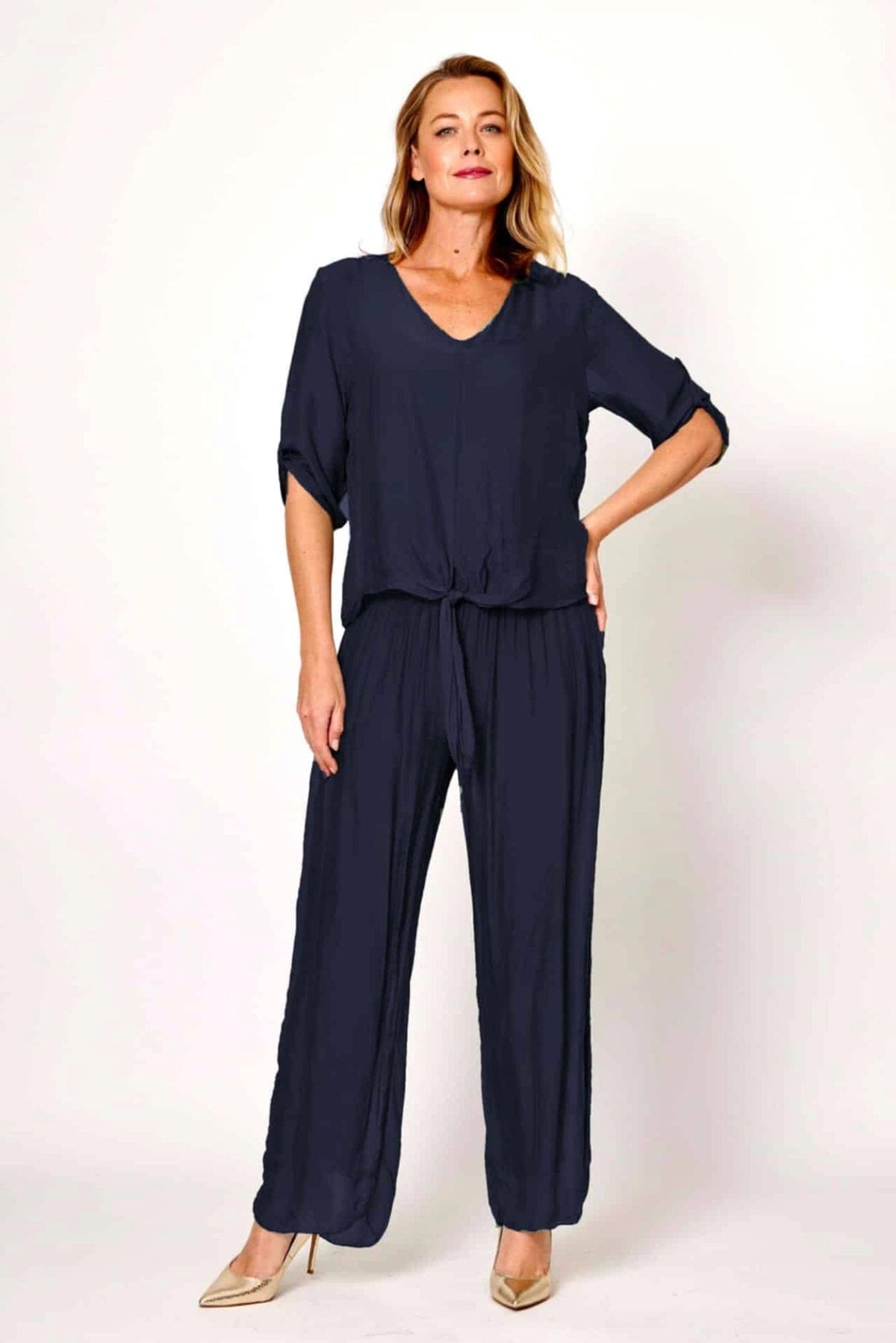 Lois &amp; Co Navy Silk Pants and Tie Front Detail Top