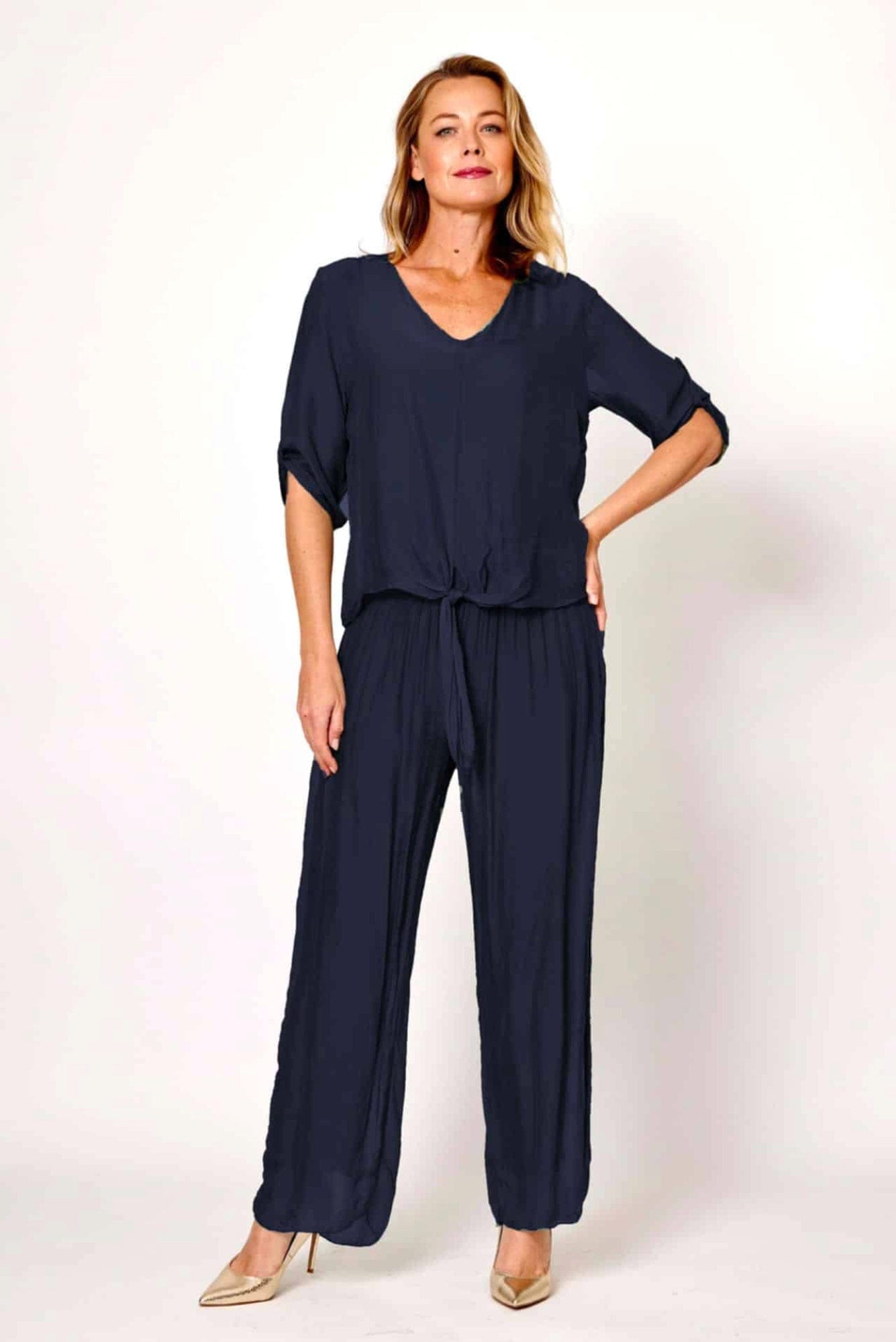 Lois & Co Navy Silk Pants and Tie Front Detail Top