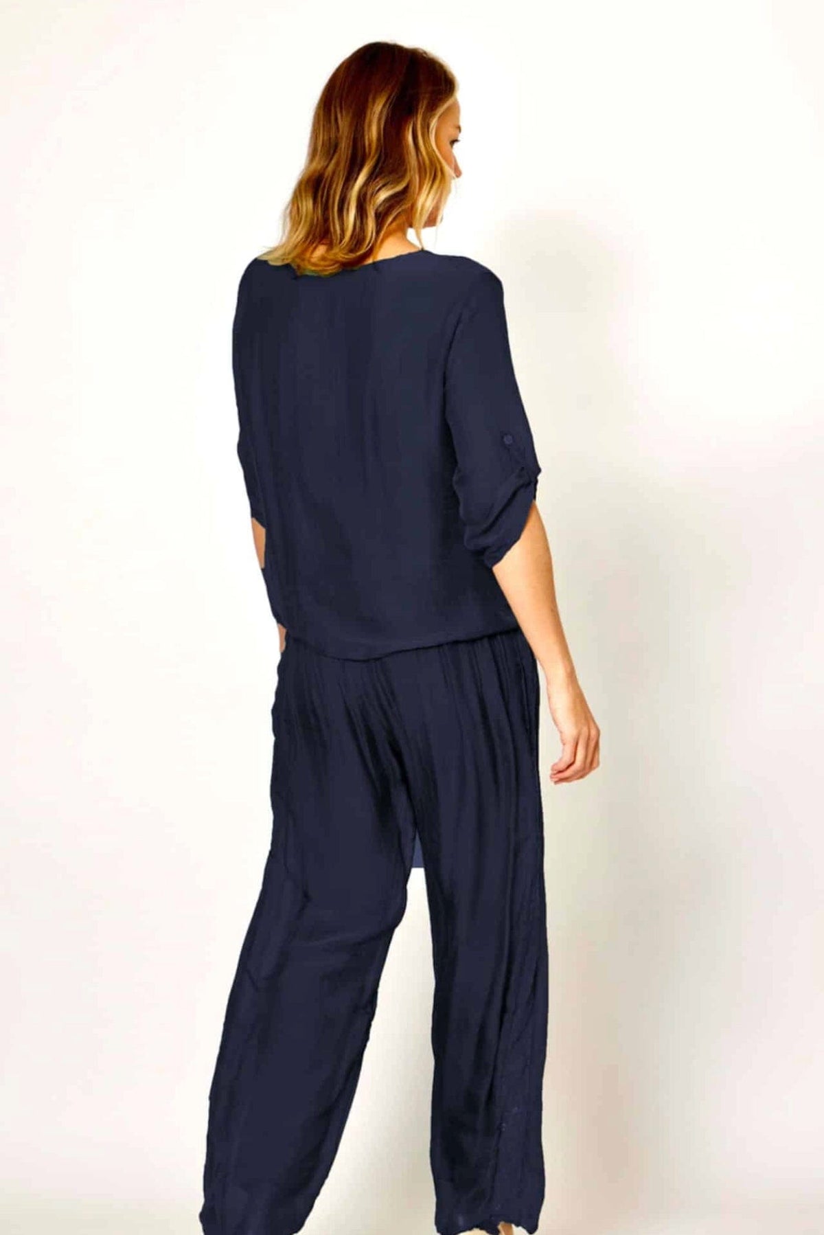 Lois & Co Navy Silk Pants and Tie Front Detail Top