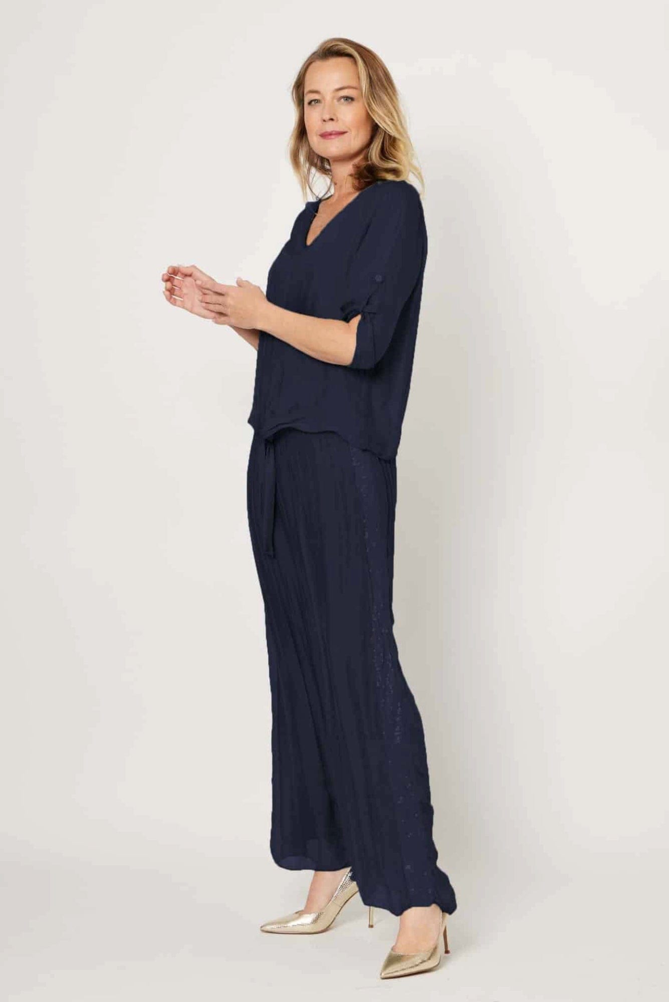 Lois & Co Navy Silk Pants and Tie Front Detail Top